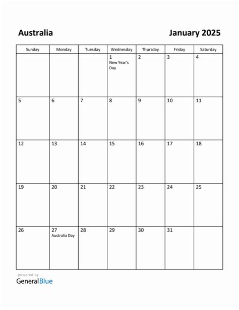 Free Printable January 2025 Calendar For Australia