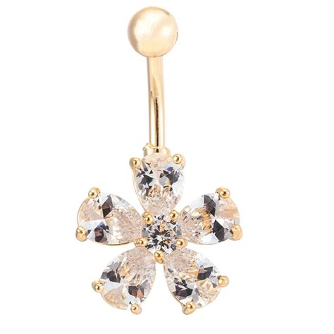 New Fashion Party Body Jewelry Yellow Gold Color Clear Cubic Zirconia Cz Flowers Piercing Bell