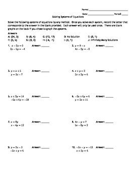 Solving systems of equations (simultaneous equations). Solving Systems of Equations Matching Worksheet by aes0403 ...