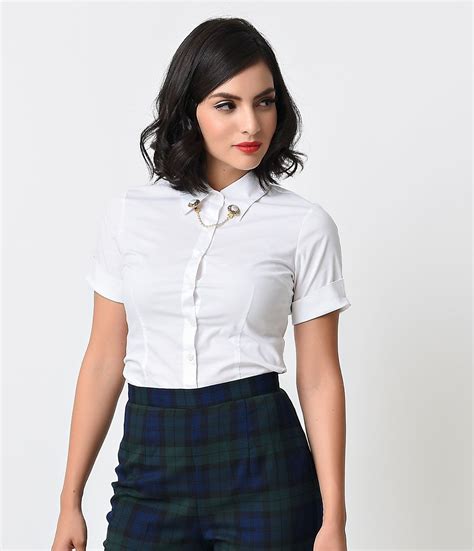 White Collared Short Sleeve Button Up Blouse Short Sleeve Button Up