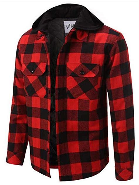 shaka wear men s hooded flannel shirt jacket quilted iined red black black plaid shirt