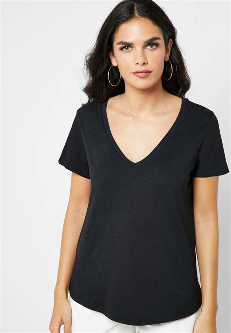 buy cotton on black deep v neck t shirt for women in mena worldwide