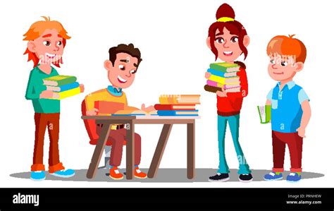 Children Reading Books Together In Library Education Concept Vector
