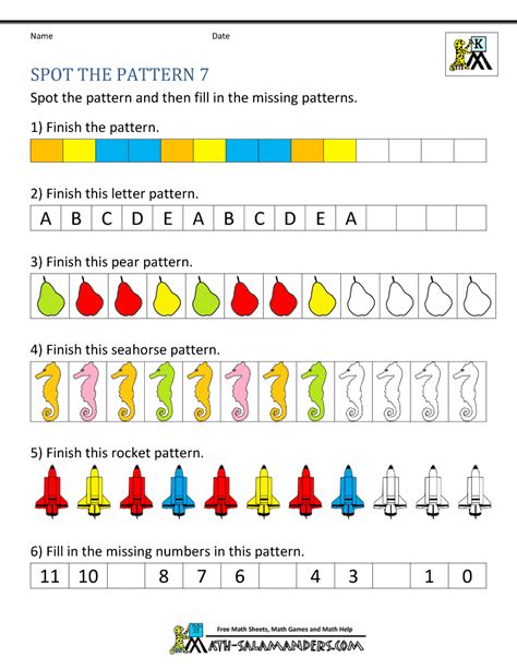 Spectrum math kindergarten workbook—addition and subtraction mathematical learning with examples, tests, answer key for homeschool or classroom (96 pgs). Free Kindergarten Worksheets Spot the Patterns