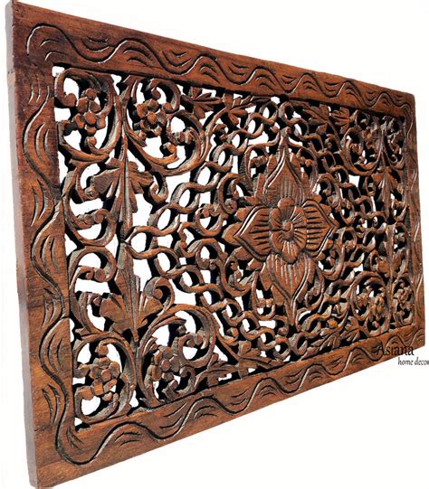 Wood Carved Wall Panel Hand Carved Floral Wall Art Rustic Home Decor