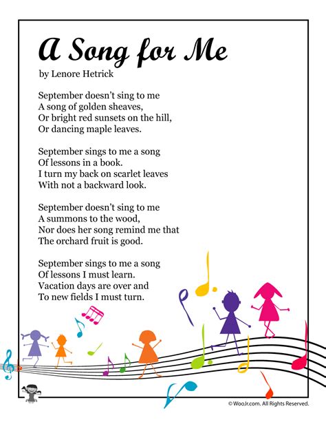 The rhythmic poems are short but contain a deep meaning, and hence help the child learn the language as well as understand the world. A Song for Me Poem About September | Woo! Jr. Kids Activities