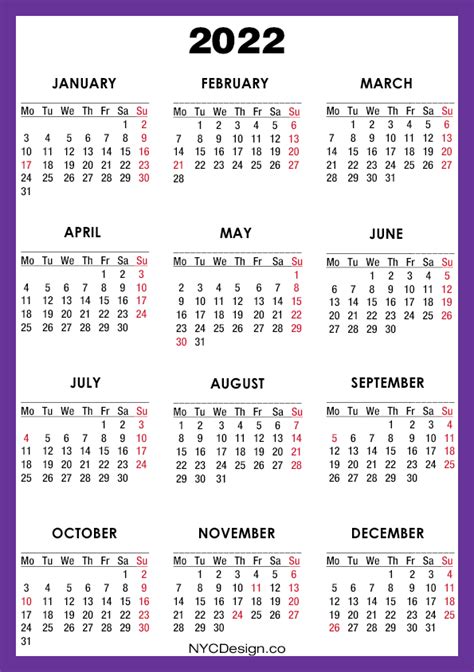 2022 Calendar With Us Holidays Printable A4 Paper Size Purple