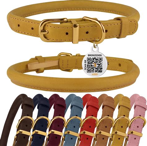 Bronzedog Rolled Leather Dog Collar With Qr Id Tag
