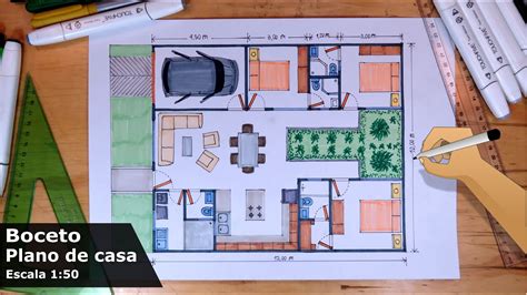 Dibuja Planos De Casas 15 Casa De 1 Piso 10m X 12m Escala 150 Youtube