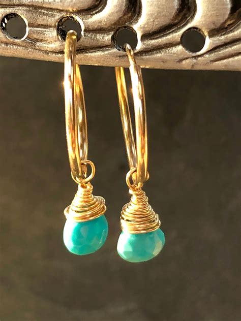 14k Gold Turquoise Hoop Earrings Hoop Earrings Set With Charms Etsy