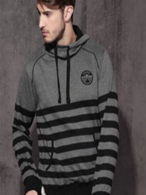 Buy Roadster Men Grey Melange And Black Striped Hooded Sweatshirt