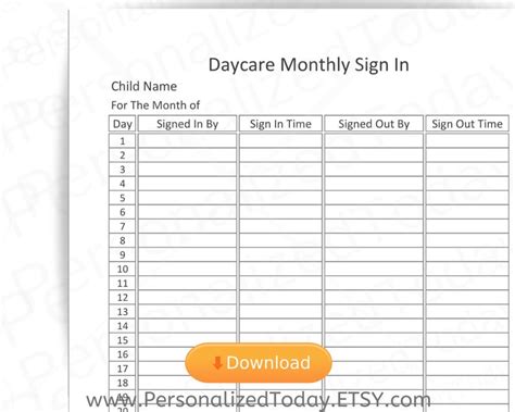 Printable Daycare Monthly Sign In And Sign Out Sheet For One Etsy