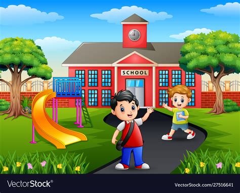 Cartoon Happy Little Boys Going To School Vector Image