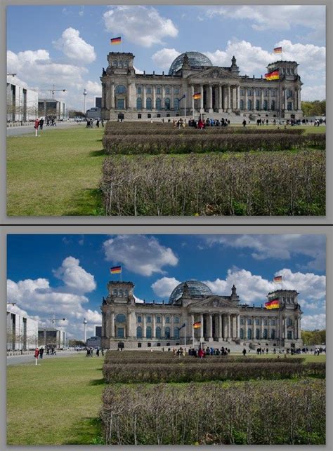 Two Pictures Of People Walking In Front Of A Large Building With Flags