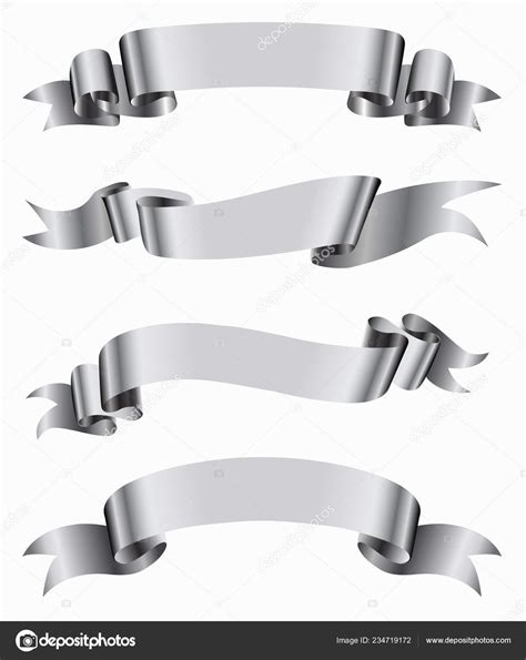Set Silver Ribbons Isolated White Background Blank Ribbon Banners Stock