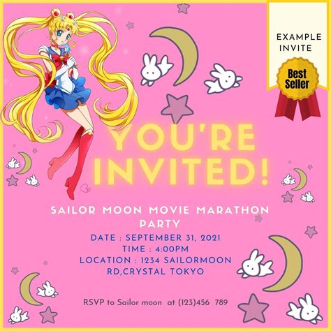 Sailor Moon Printable Party Invites Digital Download Paper Size