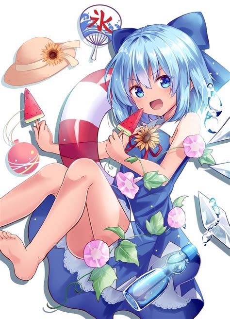 Safebooru 1girl D Bare Arms Bare Legs Barefoot Blue Bow Blue Dress Blue Eyes Blue Hair Blush