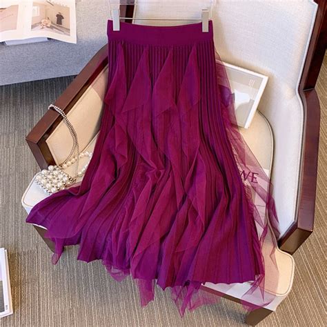 Tigena Patchwork Tulle Knitted Long Skirt For Women Fall Winter