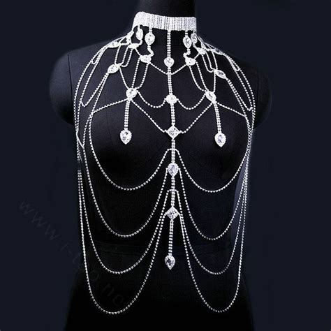 199 92 Rhinestone Full Body Chain Necklace Jewelry Silver Shoulder
