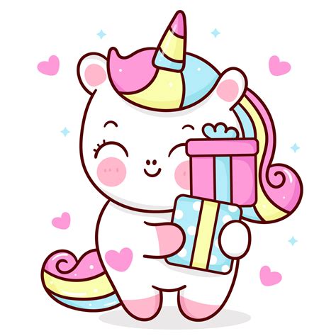 Lindo Unicornio Dibujos Animados Kawaii Vector Con Regalo De Cumpleaños