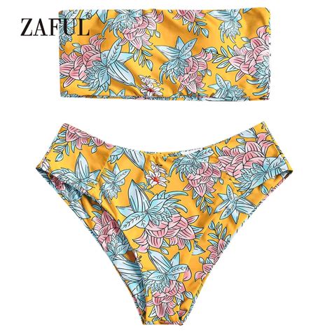 Zaful Bandeau Bikini Floral High Waisted Women Swimsuit Swimwear Sexy