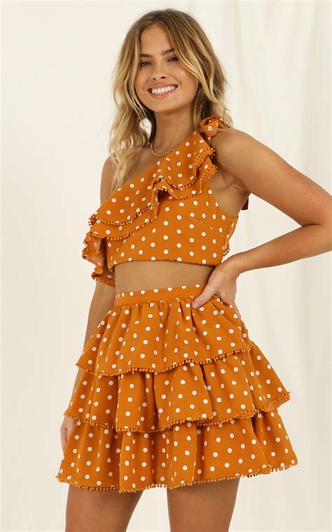 Rooftop Spritz Two Piece Mini Skirt Set In Mustard Spot Showpo