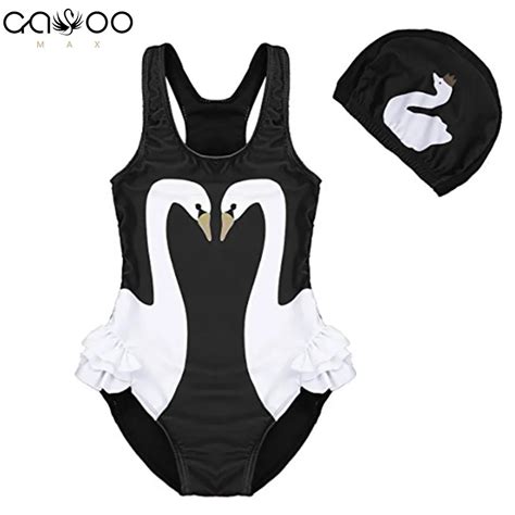 2018 Girls Swimwear Cute Kids Swimsuit With Swimming Cap Swan Flamingo