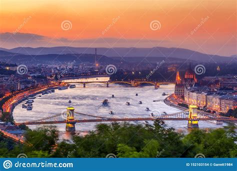 Budapest Panorama With Parliament And Bridges During Evening Twilight