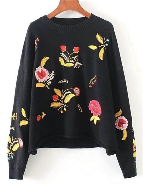 Up To 70 Off Drop Shoulder Floral Embroidered Sweater Zafulzaful