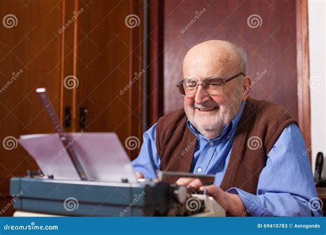 Old Man Typing On A Typewriter Stock Image Image Of Indoors Person