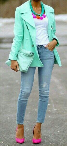 Mint Green Blazer Pink Heels And Colorful Accessories Work Outfit