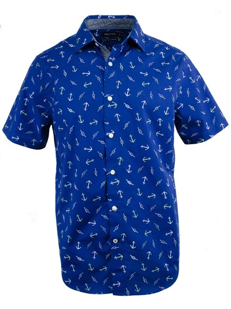 Nautica Mens Short Sleeve 100 Cotton Button Down Shirt Anchor Print