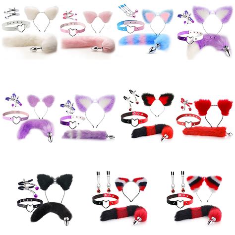 Sexy Fox Tail Anal Plug Cat Ears Headbands Set Nipple Clip Neck Collar Erotic Cosplay Sex Toys