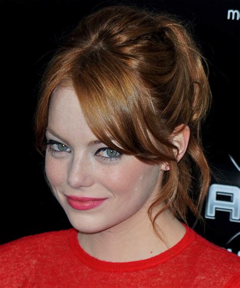 Emma Stone Long Straight Copper Red Updo Hairstyle With Layered Bangs