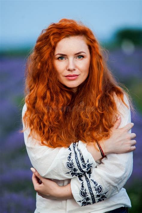 Summer Portrait Of A Beautiful Girl With Long Curly Red Hair Stock Image Image Of Elegant