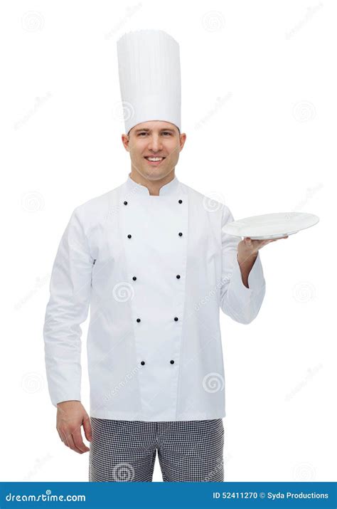 Cuisinier Masculin Heureux De Chef Montrant Le Plat Vide Photo Stock