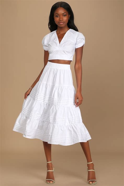 White Midi Skirt Tiered Midi Skirt Poplin Midi Skirt Lulus