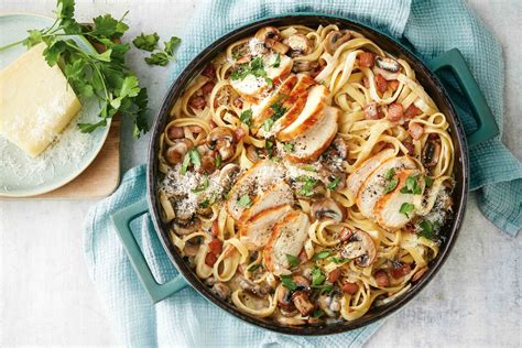 Chicken And Spaghetti Carbonara With Bacon Wild Mushrooms Spinach