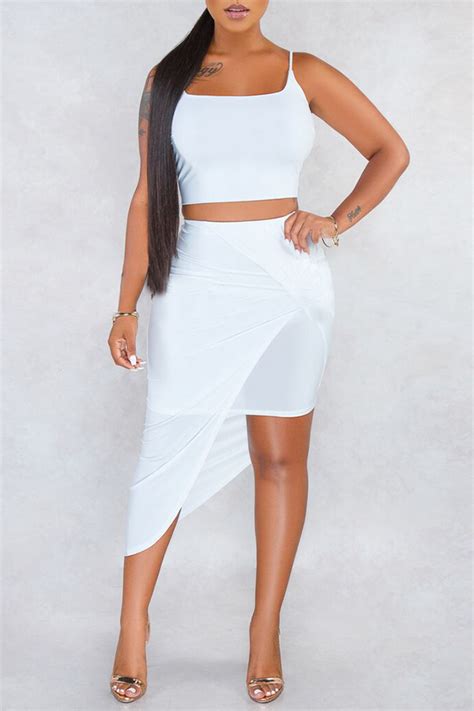 Lovely Casual Asymmetrical White Two Piece Skirt Set Sale LovelyWholesale