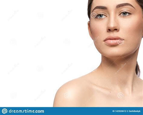 Portrait Of Girl With Nude Lips Perfect Healthy Skin Stock Photo