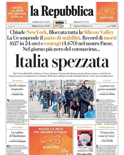 La Repubblica On Instagram “italia Spezzata Buongiorno Con La Primapagina Di Repubblica Di