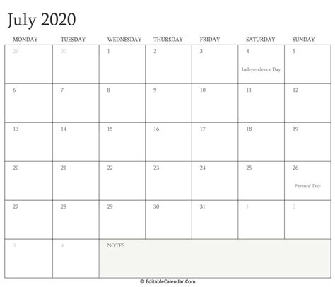 Editable Calendar July 2020