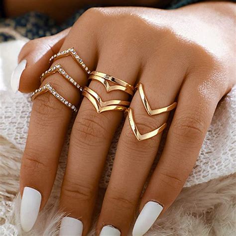 evazen boho crystal midi finger rings set gold geometric wave knuckle stacking rings