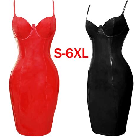 Fashion Women Bandage Dress Black Red Sexy Bodycon Pvc Leather Dresses Spaghetti Strap Knee