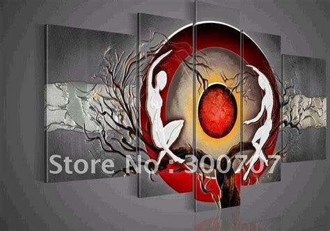Hand Painted Wall Art Silver Big Tree Red Sun Dance Home