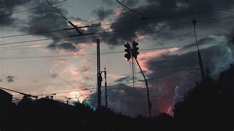 Download Wallpaper 1920x1080 Wires Night Clouds Sky