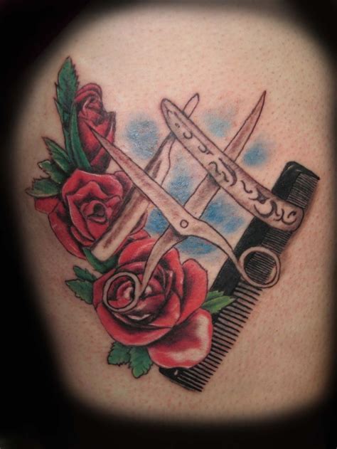 Scissor And Comb With Red Roses Tattoo Red Rose Tattoo Stylist
