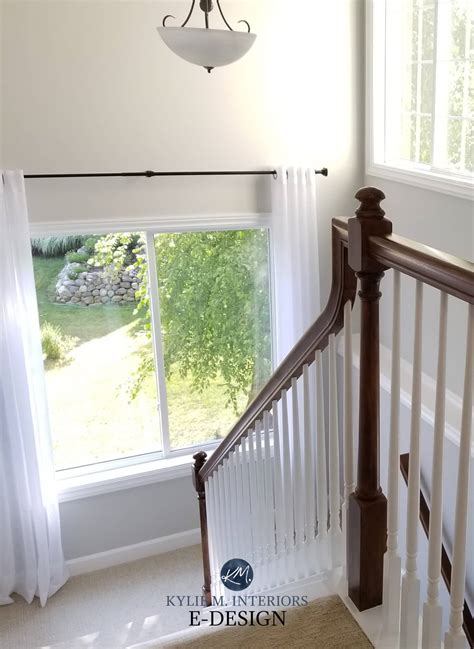 Amuneal stair & rail systems. Best gray paint colour, Benjamin Moore Gray Owl, lightened, beige tan carpet, white and wood ...