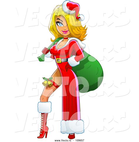 Vector Of Cartoon Blond White Christmas Pinup Lady Posing In A Sexy Santa Suit A Sack Over Her