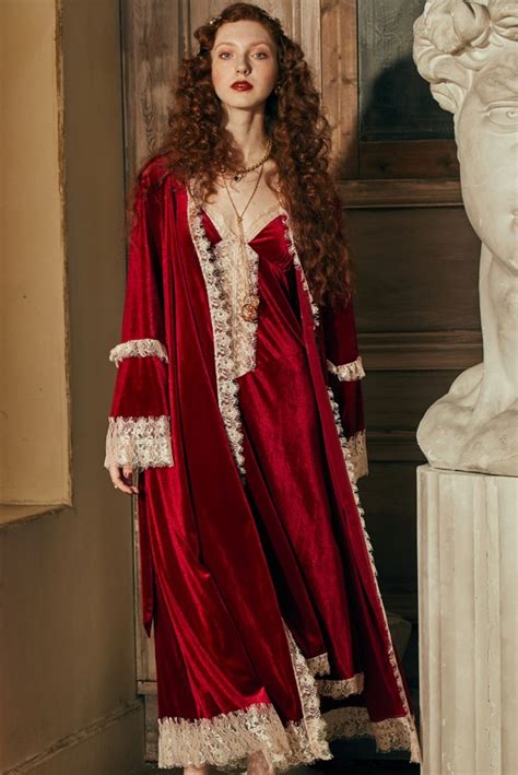 2 pics red wedding vintage royal robe set women nightgown robes gown ankle length sleepwear